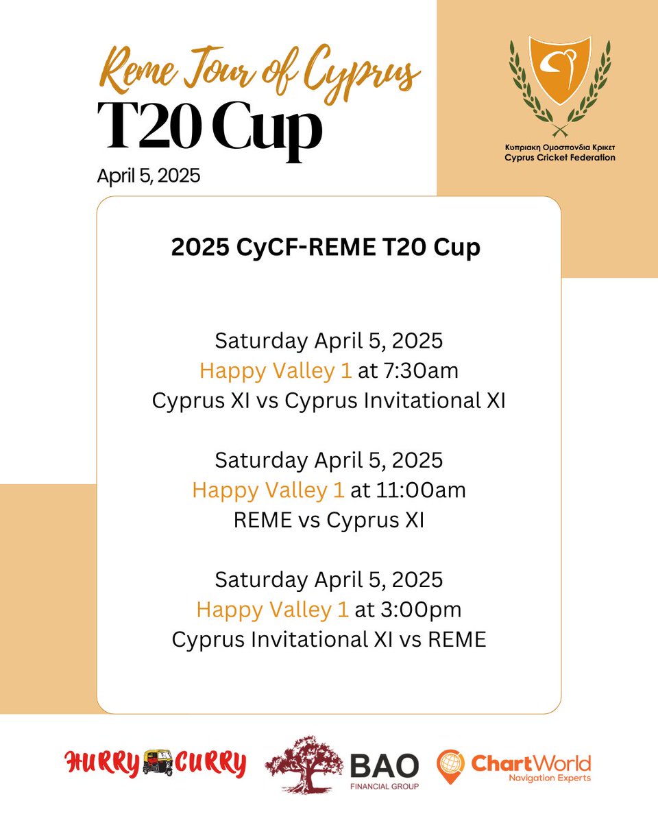 cypruscricket's tweet photo. CyCF-REME T20 Cup
April 5, 2025
#HurryCurry #BAOFinancial #ChartWorld https://t.co/uupDineeaZ