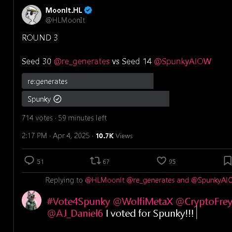 MzChiefBunny's tweet photo. @HLMoonIt @re_generates @SpunkyAIOW #Vote4Spunky @WolfiMetaX @CryptoFreya88 @AJ_Daniel6 I voted for Spunky!!! https://t.co/F4R32tBnDa