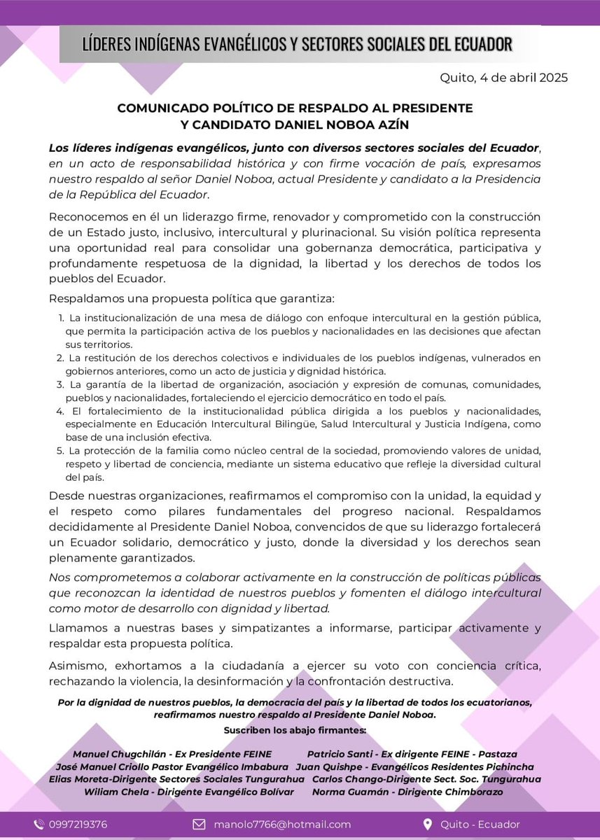DejemosM's tweet photo. Pastores evangélicos y ex dirigentes nacionales de la #FEINE toman posición en apoyo a la candidatura presidencial de Daniel Noboa Azin para la #SegundaVueltaPresidencial
#NoboaPresidente2025 https://t.co/SZNbaX93ad