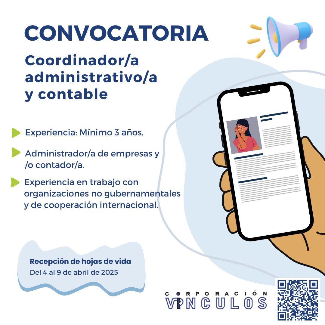 📢#ConvocatoriaLaboral Coordinador/a Administrativo/a y Contable. Consulta los términos de referencia en corporacionvinculos.org/convocatorias/