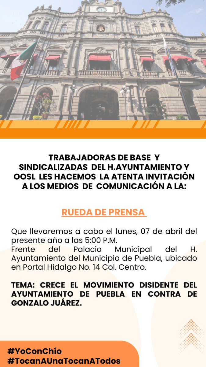 S_Suethapipopd's tweet photo. Los invitamos a la RUEDA DE PRENSA este lunes 7 de abril a las 5:00 PM, con nuestras compañeras trabajadoras de base sindicalizadas del AYUNTAMIENTO DE PUEBLA @PueblaAyto y del ORGANISMOS OPERADOR DEL SERVICO DE LIMPIA @oosl NO FALTES https://t.co/upv8Tmkog9