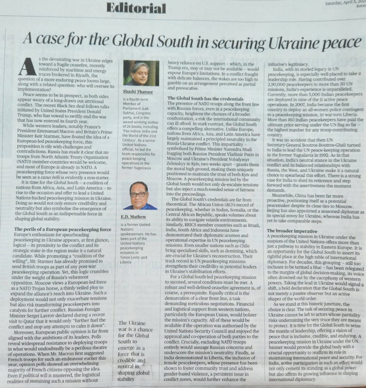 Shashi Tharoor on X: "In today's @The_Hindu, @edmathew and I argue that the prospect of peace in #Ukraine opens up an opportunity for the Global South to showcase its experience and skills