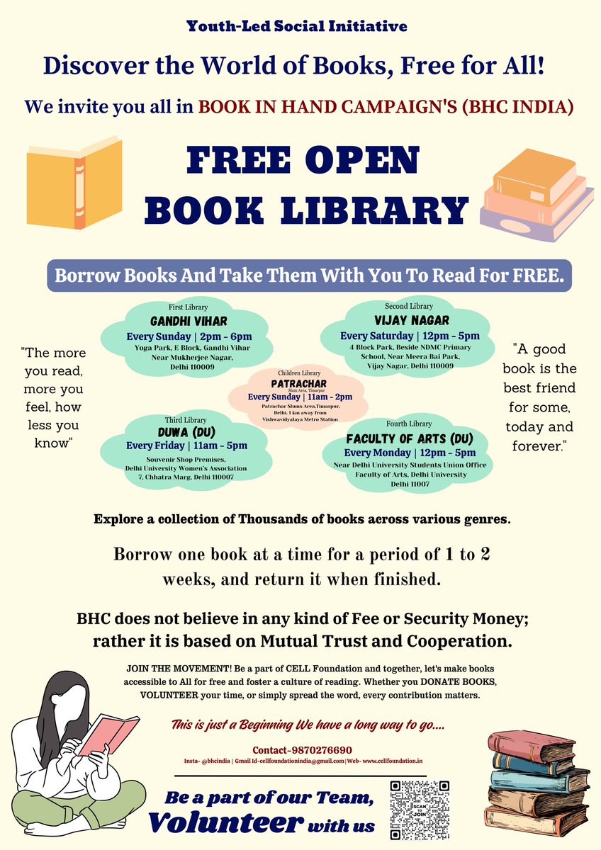 gaurrc's tweet photo. In a digital age of OTT &amp; reels, youth-led #BookInHandCampaign by @bhcindia is reviving reading—free libraries, no fees, just trust. 5+ libraries in Delhi, 4k+ readers. A true people’s movement! I’m with them. Are you?
Join: https://t.co/QNrC4QSLRG | #ReadIndia 
@PMOIndia https://t.co/rynJtS6jYz