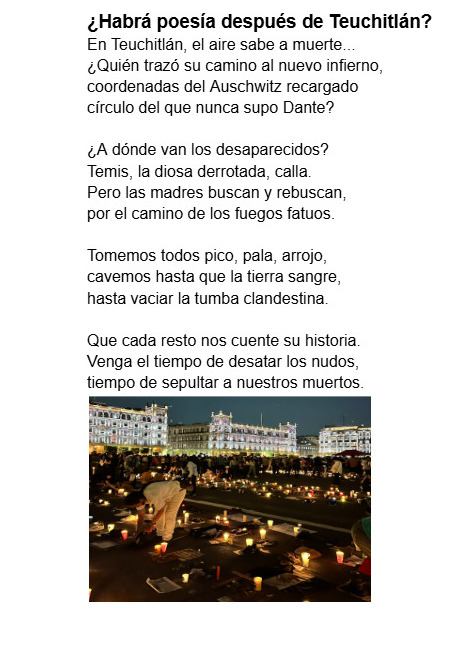 Un poema sobre #Teuchitlán 
Les comparto un poema realizado en mi curso de poesía y surgido de la indignación. 
#Desaparecido