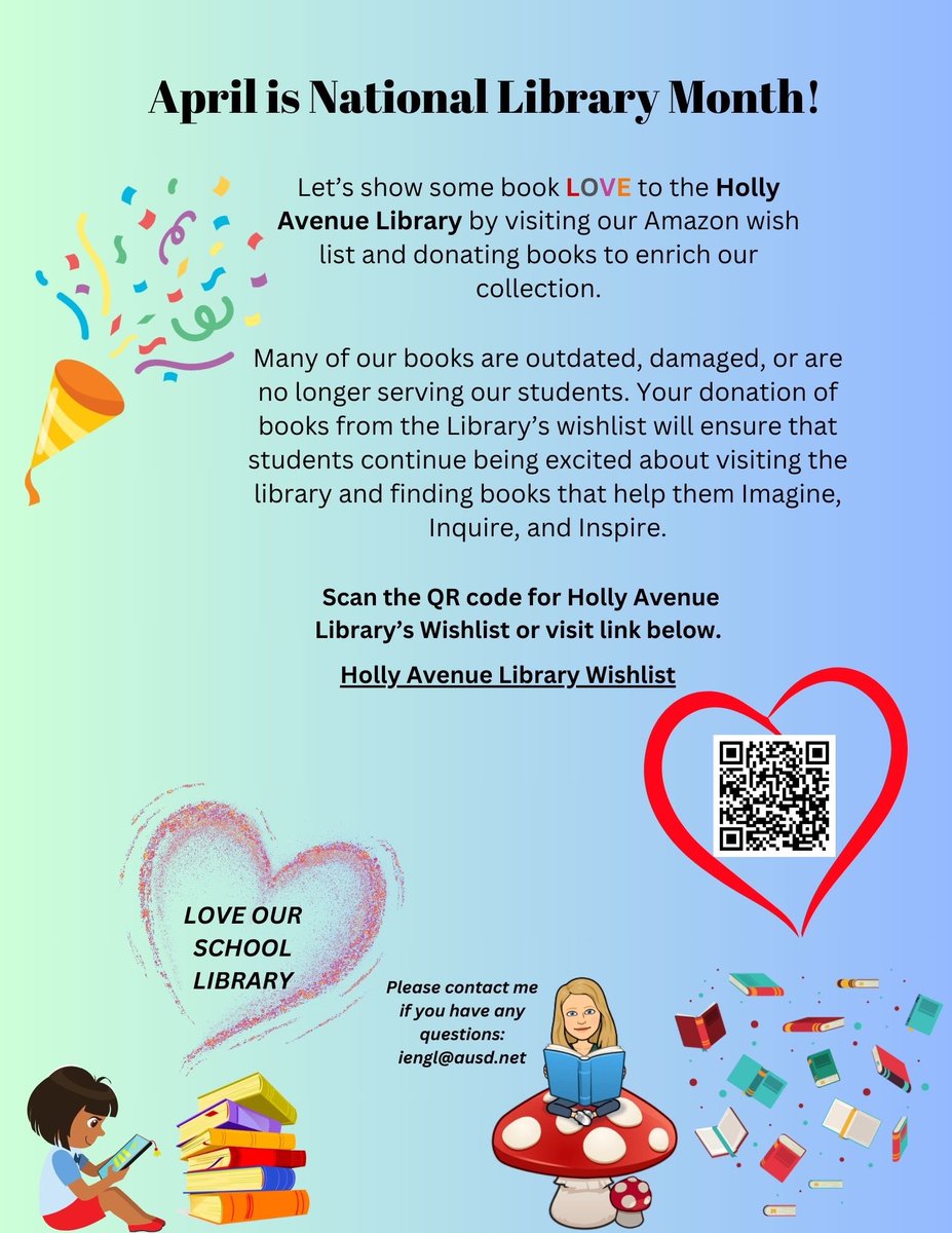 Exciting things happening at the library! 🌏Earth Day Contest &amp; 📚Book Donations for National Library Month are already underway! And don’t miss Family Literacy Night-coming after spring break! Let’s celebrate reading and our planet!💚<a href="/HollyAvePTA/">HollyAvePTA</a> <a href="/HollyDolphins/">Holly Avenue Dolphins</a> <a href="/toaklandAUSD/">Teresa Oakland</a>