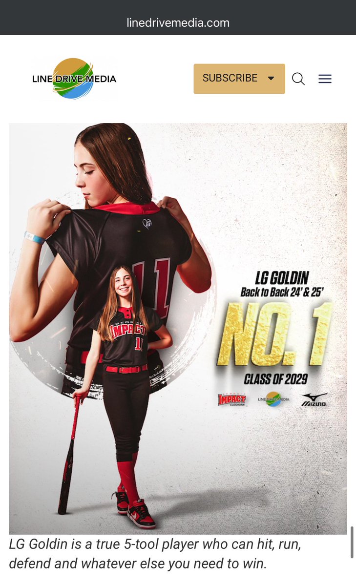 LG Goldin 2029 (@lggoldin2029) on Twitter photo Very Honored to be ranked at the top of the 2029 class for the 2nd year in a row. I have the best teammates, coaches, and softball friends! โค๏ธ๐ฉถ <a href="/LineDsoftball/">Line Drive Media</a> <a href="/ImpactPremier11/">Georgia Impact Premier โ11 - Cleghorn</a> <a href="/BWolvesSoftball/">Buford Wolves SB</a> <a href="/MizunoFPitchNA/">Mizuno Fastpitch USA</a> <a href="/MizunoSportsUSA/">Mizuno Team Sports USA</a> Very Honored to be ranked at the top of the 2029 class for the 2nd year in a row. I have the best teammates, coaches, and softball friends! โค๏ธ๐ฉถ <a href="/LineDsoftball/">Line Drive Media</a> <a href="/ImpactPremier11/">Georgia Impact Premier โ11 - Cleghorn</a> <a href="/BWolvesSoftball/">Buford Wolves SB</a> <a href="/MizunoFPitchNA/">Mizuno Fastpitch USA</a> <a href="/MizunoSportsUSA/">Mizuno Team Sports USA</a>
