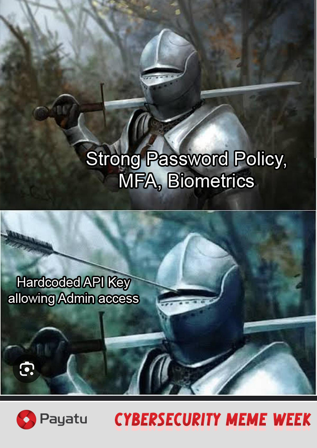 payatulabs's tweet image. You built a fortress of MFA, biometrics, and policies...

But forgot the backdoor was wide open with a hardcoded API key.

MEME Credits: Mayank Choubey

#CyberSecurityMemeWeek #SecureCodingFail #APISecurity #Payatu
