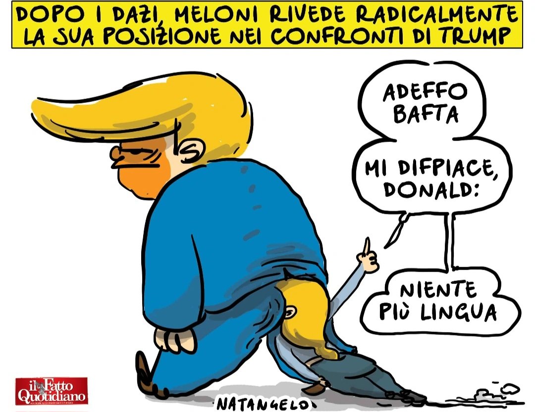 NatangeloM's tweet photo. Il contrattacco di Meloni - la mia vignetta per Il Fatto Quotidiano oggi in edicola

#liberationday #dazi #trump #meloni #fumetto #memeitaliani #umorismo #satirapolitica #satira #humor #natangelo https://t.co/hJJA2A1wBq