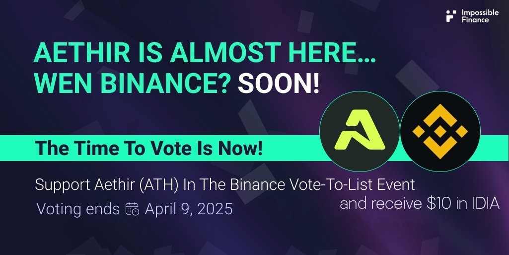 🚀 Let’s help <a href="/AethirCloud/">Aethir</a> get listed on @Binance

1. Vote for Aethir on Binance
2. Record your voting
3. Submit your entry to snag a $10 airdrop in IDIA to your wallet at the end of the voting campaign

Every vote counts - join us now!
Ready, set, VOTE!
forms.gle/2aq2tZ1nAz9rz8…