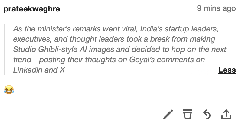 Prateek Waghre (@prateekwaghre) on Twitter photo I thought <a href="/peegeekay/">Praveen Gopal Krishnan</a>'s Nutgraf edition (aptly titled: India is the mark) would have peaked at this point, but it got much better from here.
(Yes, I annotate using millennial emojis)
the-ken.com/the-nutgraf/in… I thought <a href="/peegeekay/">Praveen Gopal Krishnan</a>'s Nutgraf edition (aptly titled: India is the mark) would have peaked at this point, but it got much better from here.
(Yes, I annotate using millennial emojis)
the-ken.com/the-nutgraf/in…