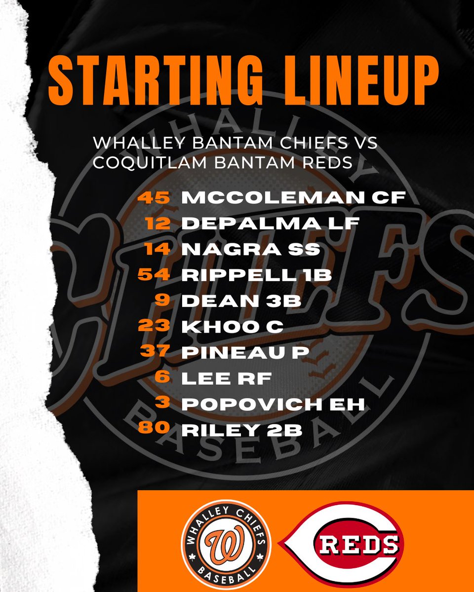 BANTAM CHIEFS STARTING LINEUP‼️ The Bantams face off against the Reds in a double header tomorrow at 11:00 AM⚾️🔥
#whalley#chiefs #baseball#pbl#canada
<a href="/bcpbl1/">BCPBL</a> 
<a href="/BradKemp141/">Brad Kemp</a> 
•
•
•
•
•
Sponsored by Kade Equipment Ltd. We Stop at nothing. Serving Alberta and BC.