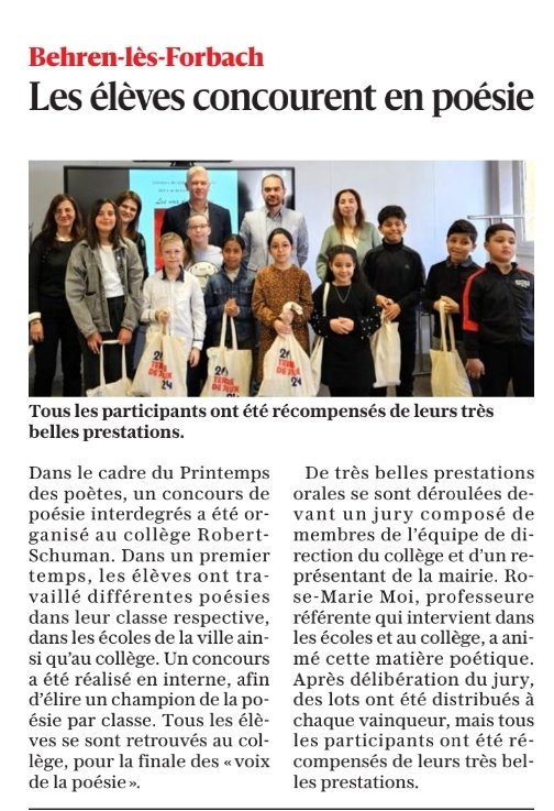 Cité éducative de Behren-lès-Forbach (@cite_educbehren) on Twitter photo Finale du concours des voix de la poésie dans le cadre du printemps des poètes, Beau projet pour les élèves se cycle 3 du réseau 🌸
<a href="/KratzMagali/">Magali Kratz</a> <a href="/LudovicReiss/">Reiss Ludovic</a> <a href="/FredGuyot3007/">Fred Guyot</a> <a href="/CelinePlontz_M/">Céline Plontz-Margherita</a> Finale du concours des voix de la poésie dans le cadre du printemps des poètes, Beau projet pour les élèves se cycle 3 du réseau 🌸
<a href="/KratzMagali/">Magali Kratz</a> <a href="/LudovicReiss/">Reiss Ludovic</a> <a href="/FredGuyot3007/">Fred Guyot</a> <a href="/CelinePlontz_M/">Céline Plontz-Margherita</a>