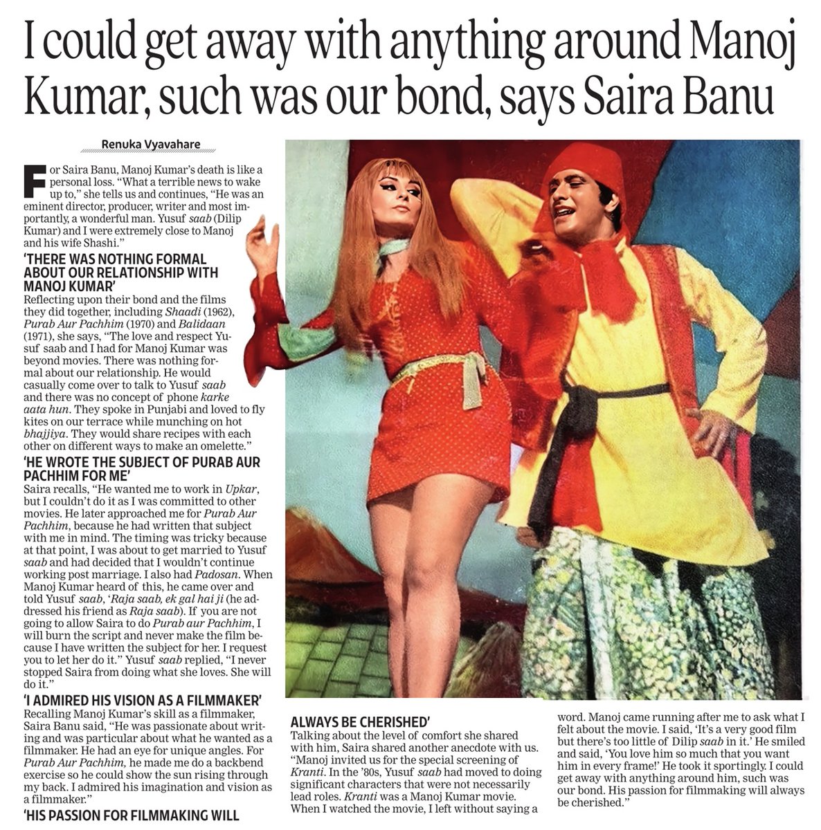 Saira Banu reflects on her cherished bond with Manoj Kumar, calling his  passing a personal loss. She recalls their informal camaraderie with Dilip  Kumar—flying kites, sharing recipes, and creating timeless films like ', image size:1186x1200