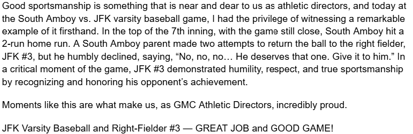 GMConferenceNJ (@gmconferencenj) on Twitter photo A moment witnessed today that makes GMC Athletic Directors so proud. Class act by JFK Baseball and Right-Fielder #3. It may seem so small to some, but it's the little things that mean the most and so important to interscholastic athletics. <a href="/JFKMustangsBB/">Kennedy Mustangs Baseball ⚾️</a> A moment witnessed today that makes GMC Athletic Directors so proud. Class act by JFK Baseball and Right-Fielder #3. It may seem so small to some, but it's the little things that mean the most and so important to interscholastic athletics. <a href="/JFKMustangsBB/">Kennedy Mustangs Baseball ⚾️</a>
