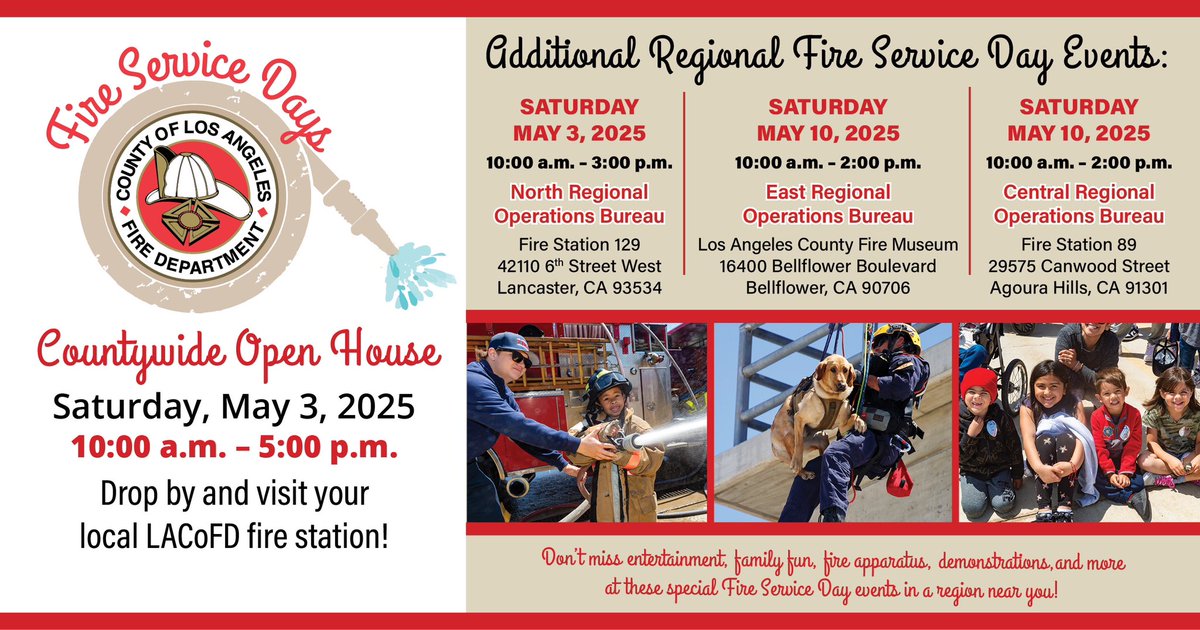 🚒 Join Us for Countywide Open House🚒 

We're rolling up the doors and opening ALL LA County fire stations to YOU on May 3, 2025. Come meet our team, tour the stations, check out our equipment, and learn more about the vital work we do to keep the community safe!