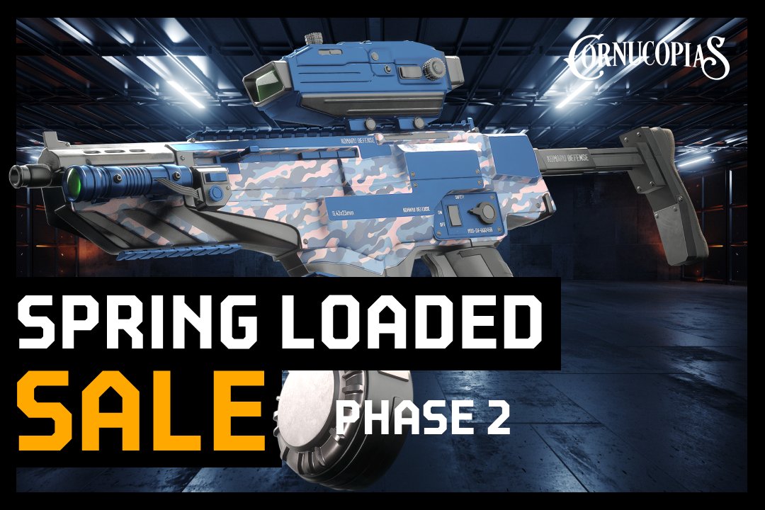 InfinityRisingX's tweet photo. Twitter Announcement:

Spring Loaded Sale — Phase 2 Begins April 8 @ 2PM UTC
🔫 HG7 Machine Gun
🔵 P99 Pulse Rifle
🎯 Tiger M9-S Battle Rifle
💥 Meat Grinder Shotgun
🦊 Orange Prowler Backpack
Gear up for Cornucopias’ latest weapon and utility drop.
Supply is limited. Be ready.
🌐 https://t.co/BFZspzskf3
#CornucopiasGame #COPI #NFTDrop #Web3Gaming