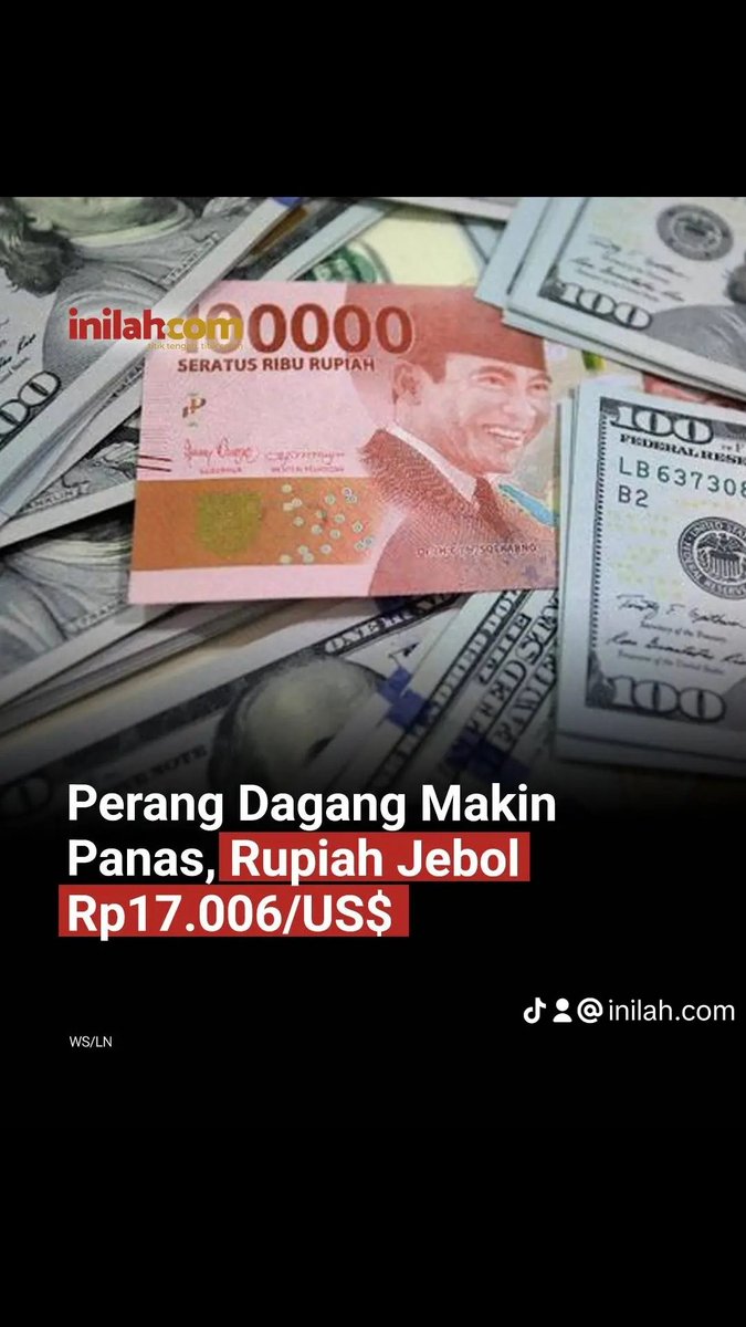 inilahdotcom's tweet photo. 🌀 Rupiah Jebol Lagi! Perang Dagang Panas, Pasar Keuangan Global Panik! 💸🔥

Nilai tukar rupiah terhadap dolar di luar negeri (pasar NDF) tembus Rp17.012 per dolar AS!
Ini artinya rupiah melemah cukup dalam, bahkan sebelum pasar keuangan Indonesia buka kembali setelah Lebaran.

📉 Kontrak Rupiah NDF tembus Rp17.012/US$ (4/4/2025) pada pukul 20.00 di pasar offshore, mencerminkan depresiasi hingga 1,63%!
📆 Sementara itu, pasar keuangan RI masih tutup hingga 7 April karena libur Lebaran — namun ancaman sudah nyata!

🇨🇳🔥 Tiongkok balas dendam tarif ke AS sebesar 34%, membuat perang dagang global masuk babak baru.
🛑 Dana-dana asing kabur dari aset berisiko, termasuk dari negara berkembang macam Indonesia.

💼 Laporan pekerjaan AS sebenarnya positif (228.000 pekerjaan baru), tapi tak cukup menenangkan pasar.
📊 Indeks dolar AS naik, saham-saham dunia rontok, dari Eropa hingga Wall Street.
💣 Apple, Tesla, Alibaba, Baidu jadi korban jatuhnya indeks saham.
💥 Indeks volatilitas CBOE nyaris sentuh 40—tanda pasar makin ngeri! 

Di saat yang sama, data ekonomi AS menunjukkan lapangan kerja bertambah, tapi tingkat pengangguran juga naik.

📌 Dengan kondisi seperti ini, saat rupiah spot kembali ditransaksikan... apa yang bakal terjadi?

⚠️ "Kalau uang asing saja buru-buru angkat kaki, masih yakin kita bisa santai-santai?" 🤔

#Rupiah #PerangDagang #EkonomiGlobal #DolarAS #RupiahMelemah #MarketUpdate #GejolakGlobal #inilahcom #EkonomiIndonesia #inilahCom #TitikTengah #TitikCerah