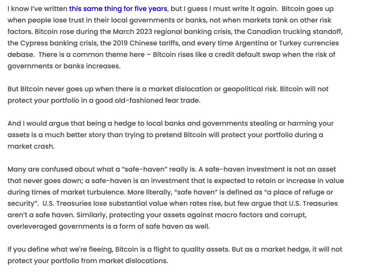 Everyone is talking about $BTC strength in the face of a 2-day, 10%+ stock  sell-off, even as gold falls But this has nothing to do with stocks Bitcoin  is NOT, & never