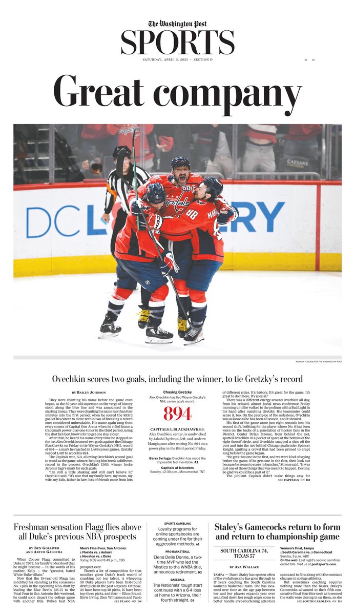 Saturday's @postsports front: "Great company"