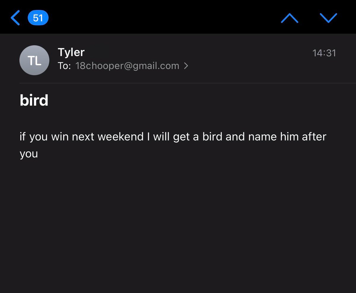 chase_hooper's tweet photo. Thanks for the extra motivation for next weekend, Tyler 🕊️🫡 https://t.co/RxXEcEqut6