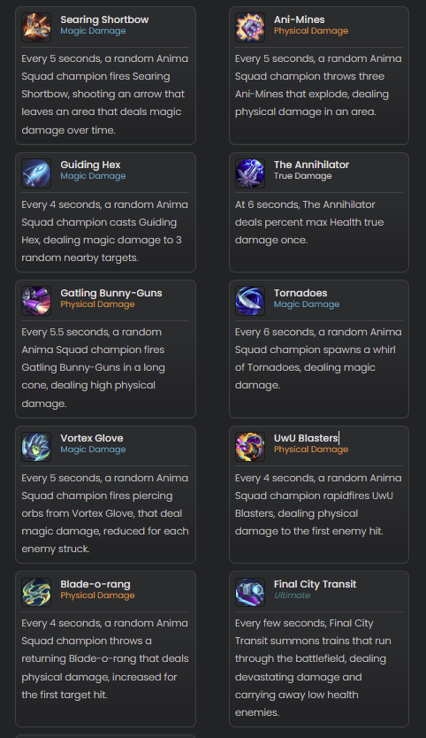 In terms of Anima weapons, Tleyds generally prefers 

3 Anima: Uwu Blasters &gt; Guiding Hex &gt; Blade-o-Rang

5 Anima: Ani-Mines &gt; Vortex Glove &gt; Searing Shortbow

7 Anima: Gatling Bunny-Guns &gt; The Annihilator &gt; 
Tornadoes

"Generally you want to take the physical ones, but Blade is