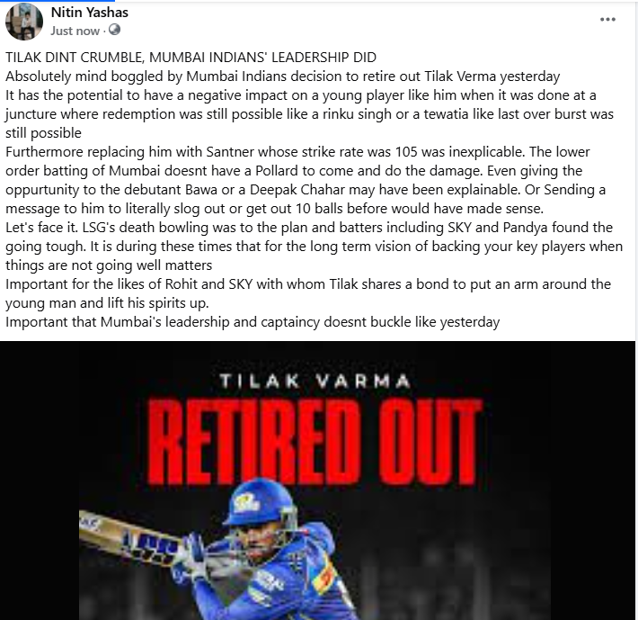 #tilakverma  dint crumble, Mumbai Indians' leadership did

Possible no clarity of communication. He should have been asked to slog out/get out 10 balls earlier
Sending a Deepak Chahar or debutant Bawa with better strike rate than Santner would have made more sense
 #MIvsLSG