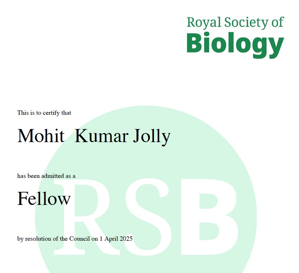 Mohit Kumar Jolly (@mkjolly15) on Twitter photo Honoured to being admitted as a Fellow of Royal Society of Biology (FRSB).
Grateful to all mentors, collaborators, current & past lab members, colleagues & funding agencies for their support.
<a href="/BE_IISc/">BE, IISc</a> <a href="/iiscbangalore/">IISc Bangalore</a> <a href="/IITKanpur/">IIT Kanpur</a> <a href="/Rice_BIOE/">Rice University Bioengineering</a>
<a href="/rakeshthejoy/">Rakesh Kumar</a> <a href="/dheeraj/">Dheeraj Pandey</a> <a href="/IndiaBioscience/">IndiaBioscience.org</a> Honoured to being admitted as a Fellow of Royal Society of Biology (FRSB).
Grateful to all mentors, collaborators, current & past lab members, colleagues & funding agencies for their support.
<a href="/BE_IISc/">BE, IISc</a> <a href="/iiscbangalore/">IISc Bangalore</a> <a href="/IITKanpur/">IIT Kanpur</a> <a href="/Rice_BIOE/">Rice University Bioengineering</a>
<a href="/rakeshthejoy/">Rakesh Kumar</a> <a href="/dheeraj/">Dheeraj Pandey</a> <a href="/IndiaBioscience/">IndiaBioscience.org</a>
