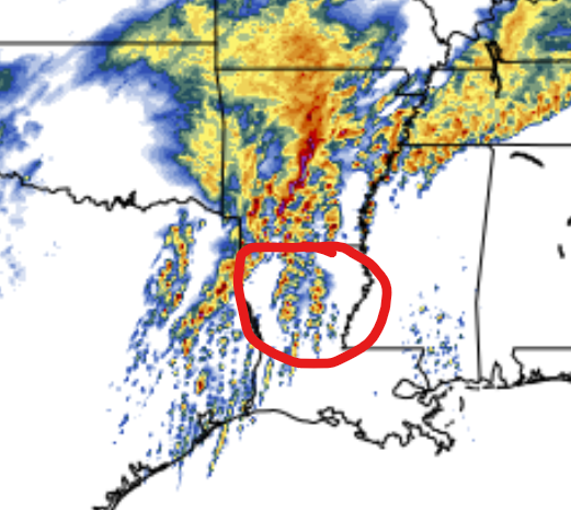 Noah__wx's tweet photo. My main area of concern heading into tomorrow's severe risk is northern Louisiana into very southern Arkansas from 3-11pm CDT

This area could warrant a 15%# tornado risk if confidence is high enough for the right storm mode

Definitely something to keep an eye on 👀

#LAwx https://t.co/0kb8ydyWLa