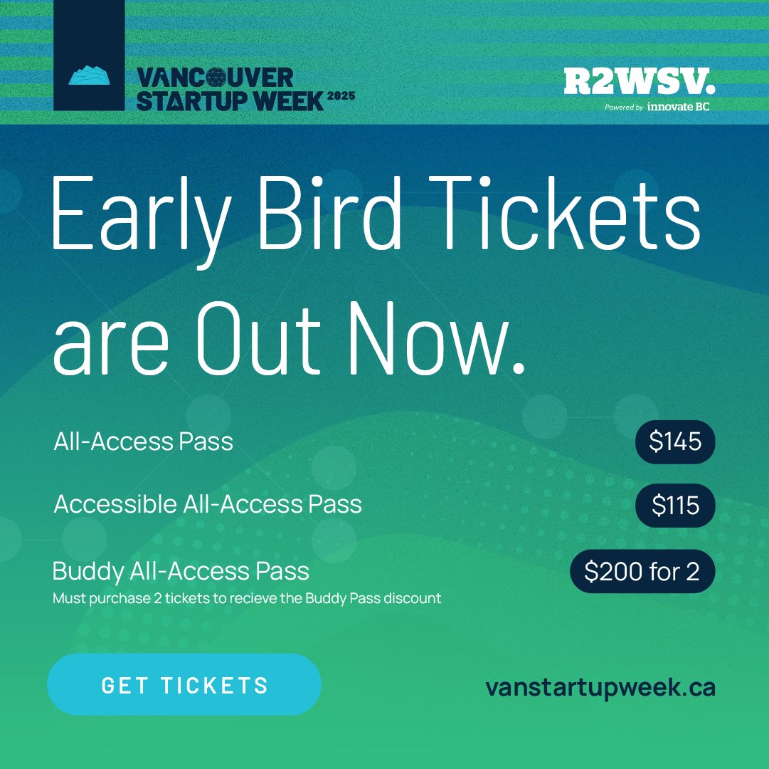 vanstartupweek's tweet image. 🚀 Vancouver Startup Week 2025 Tickets are LIVE!
For over a decade, VSW has been the heart of BC’s startup scene, helping founders turn big ideas into reality. Grab your tickets at early bird pricing TODAY to take your #startup to the next level!
#VancouverEvent #VSW2025