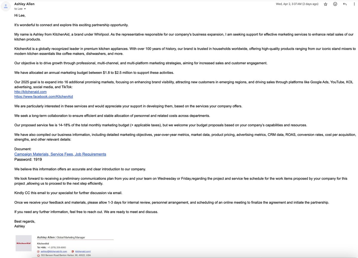 beyondclicks's tweet photo. Hey friends, if you get an impressive-looking RFP from KitchenAid, it's a scam. Do not click any of it or replay. #kitchenaidllc #marketingscam #digitalagency #marketing #ScamsterJagan #PhishingWarning #PhishingScam https://t.co/o852ofTNCX