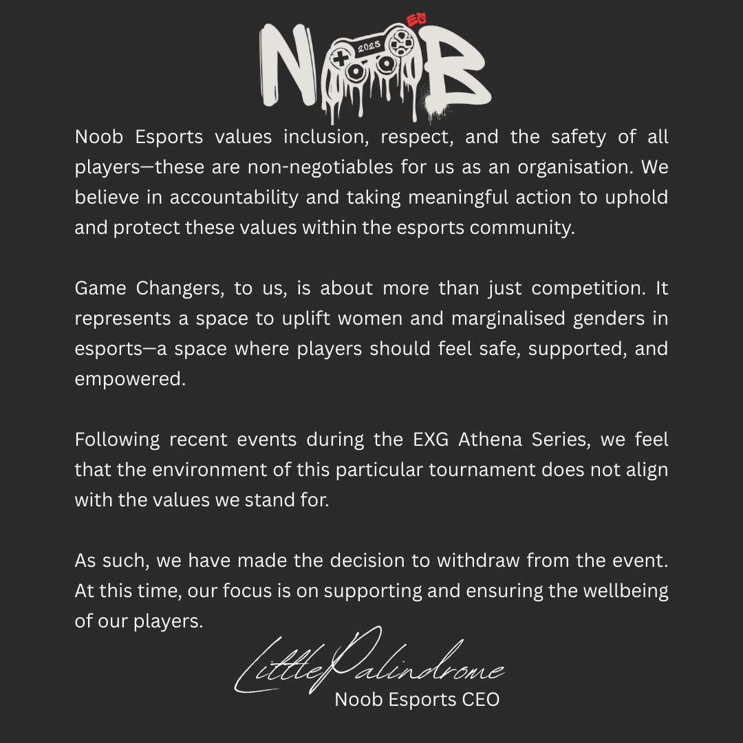 Noob Esports values inclusion, respect, and the safety of all players—these are non-negotiables for us as an organisation. We believe in accountability and taking meaningful action to uphold and protect these values within the esports community.  

Game Changers, to us, is about