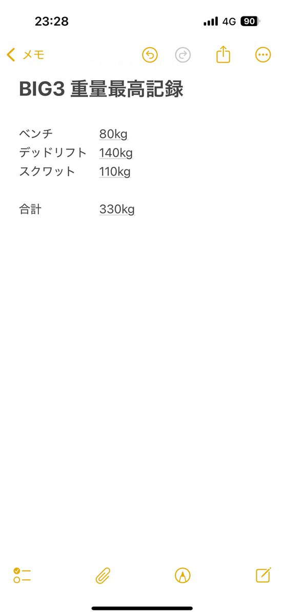 最近BIG3の最高挙上重量の向上目指してる。ベンチ弱過ぎてずっと80kの壁が破れなかったけど、ようやく突破。合計400k超え目指して頑張ります💪