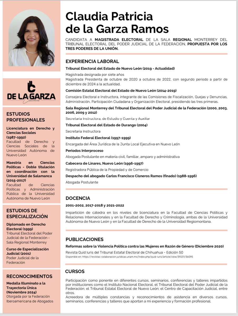 Les comparto mi CV.
Aspiro a la Magistratura Electoral de la Sala Regional Monterrey. En la boleta electoral me ubicarás con el #03. Propuesta por los 03 Poderes de la  Unión. 

Ciudadanía de Tamaulipas, N.L., Coahuila, Zacatecas, San Luis Potosí, Aguascalientes y Guanajuato.