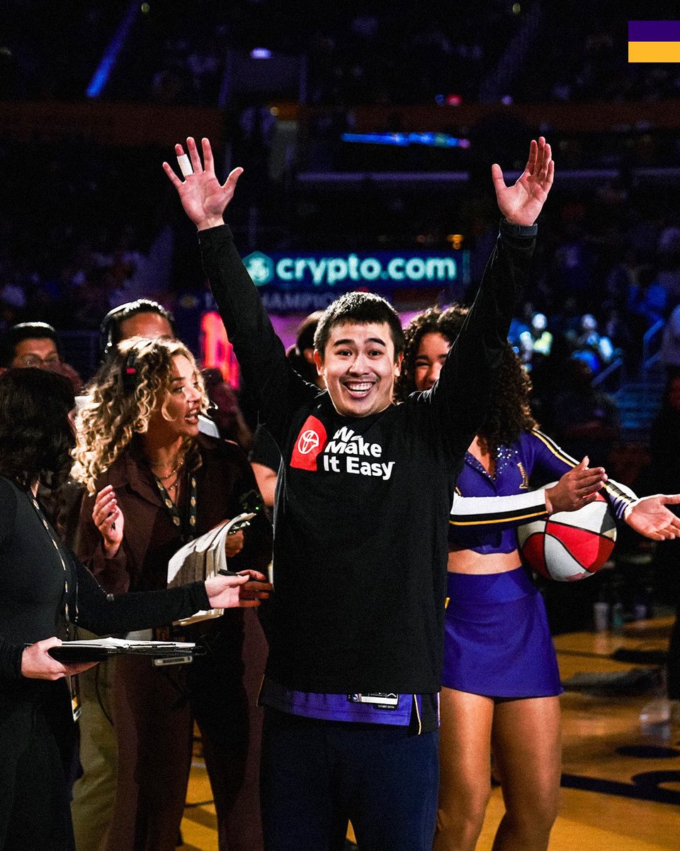 Lakers's tweet photo. Congratulations to Philip Sevilla, who just won a new Toyota Tacoma at halftime in the @ToyotaSoCal Skills Challenge Finals! #SuitingUpTogether https://t.co/Kr8K9cEMDA