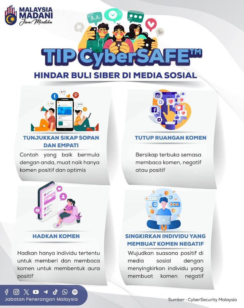 📢 Gunakan media sosial dengan bijak dan bertanggungjawab! 💡❌ 

Katakan TIDAK pada buli siber—laporkan segera jika anda melihat atau mengalaminya. 🙅‍♂️💻

#MalaysiaMADANI
#TaatSetia
#JabatanPenerangan