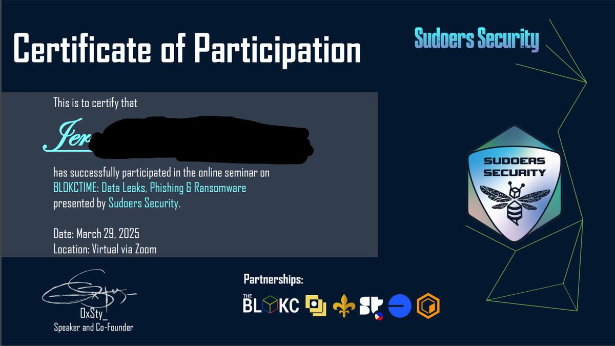 0xjerr_'s tweet photo. Excellent session by Sudoers Security on BLOKCTIME! Gained valuable knowledge about Data Leaks, Phishing, and Ransomware. Highly recommend their seminars. #CybersecurityAwareness #SudoersSecurity https://t.co/V2B7tyTUfy