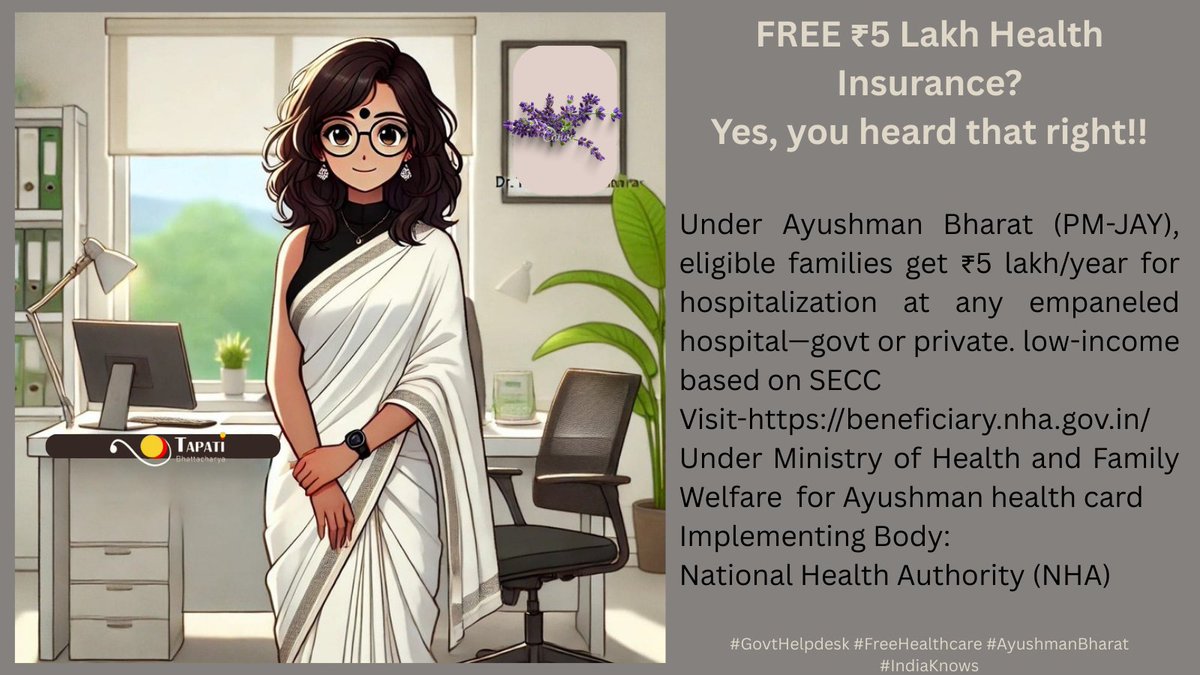 FREE ₹5 Lakh Health Insurance?
 heard that right!!

Under Ayushman Bharat (PM-JAY), eligible families get ₹5 lakh/year for hospitalization
Visit-beneficiary.nha.gov.in Under Ministry of Health and Family Welfare  -
 (NHA)
#GovtHelpdesk #PMJAY #AyushmanBharat #IndiaKnows