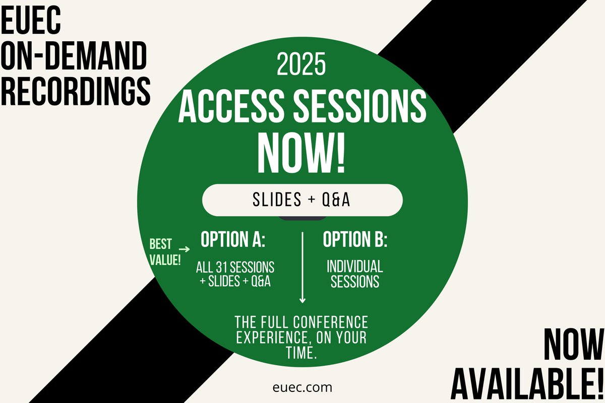 🎥 EUEC 2025 On-Demand Access is here!
— Anytime, anywhere.
🔹 Option A: All Sessions + Slides + Q&amp;A
🔹 Option B: Individual Sessions
📌 All company names &amp; trailers linked at euec.com — preview before you purchase.
💻: lnkd.in/gjPnjTw6