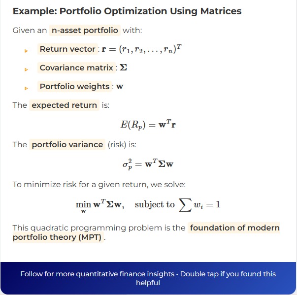 DrBarlin's tweet image. Crack portfolio optimization!  Quants wield linear algebra—E(Rp) = wT r for returns, σp² = wT Σ w for risk. From Markowitz to PCA, math drives markets!  #QuantitativeFinance #PortfolioOptimization #LinearAlgebra #DataScience #Investing #Quant