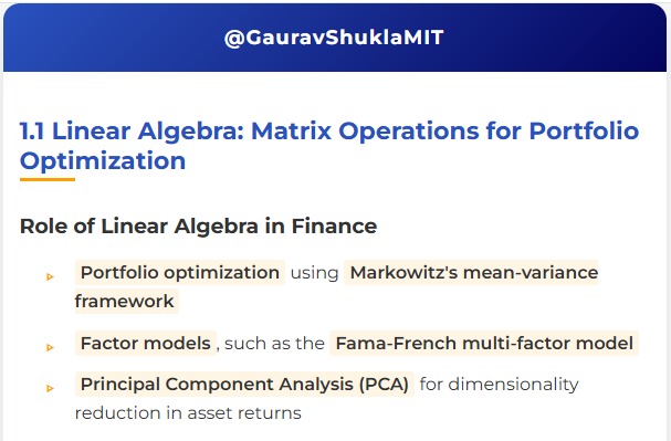DrBarlin's tweet image. Crack portfolio optimization!  Quants wield linear algebra—E(Rp) = wT r for returns, σp² = wT Σ w for risk. From Markowitz to PCA, math drives markets!  #QuantitativeFinance #PortfolioOptimization #LinearAlgebra #DataScience #Investing #Quant