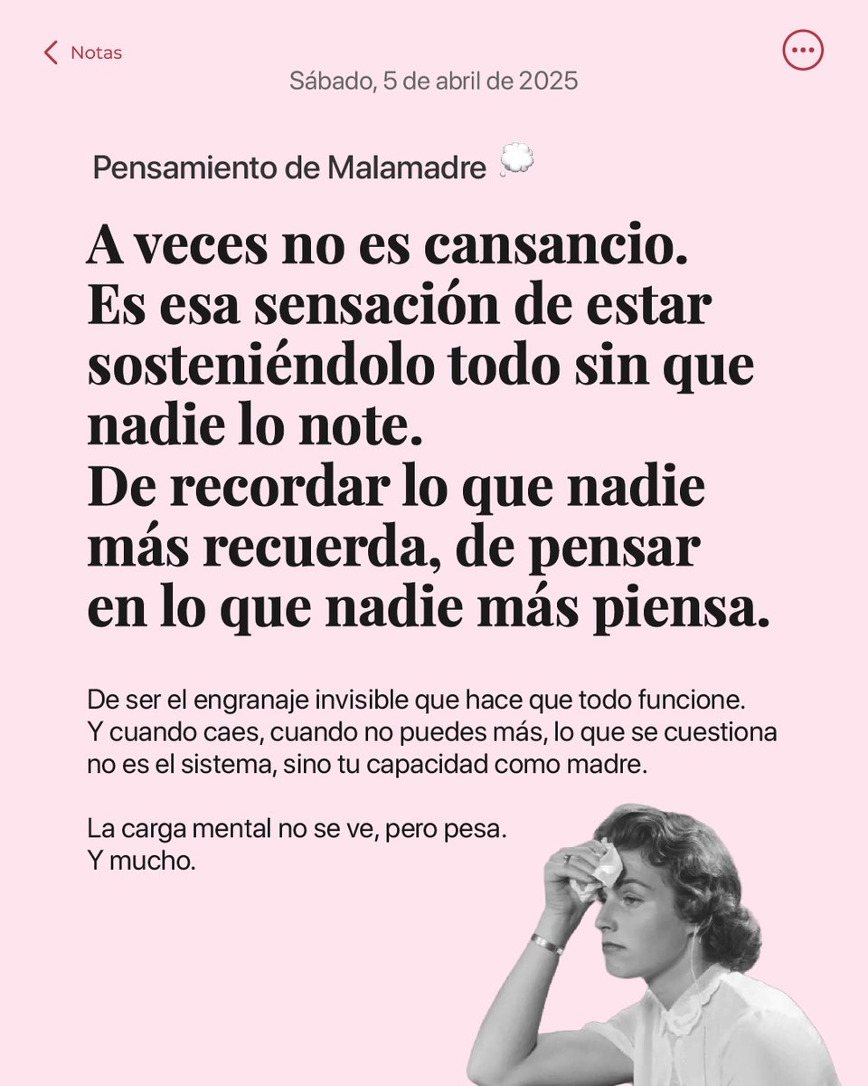 📣Hay días que no es cansancio, es cargar con todo sin que nadie lo note.
La carga mental no se ve, pero pesa. Y mucho.
Y cuando caes, lo que se cuestiona no es el sistema, sino tu capacidad como madre.

💬¿Qué sientes al leer esta reflexión?

#PensamientoDeMalamadre #CargaMental