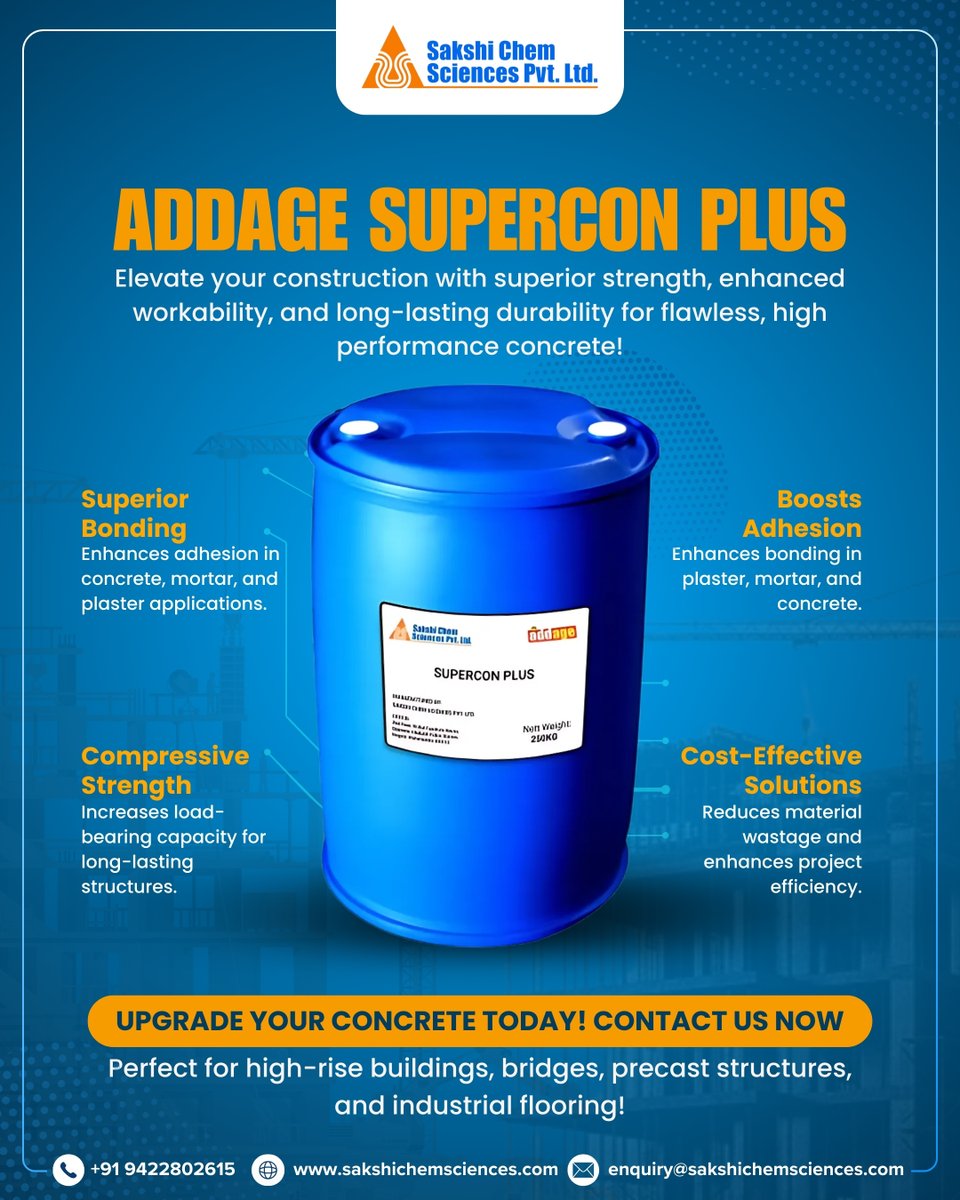 SakshiChemSci's tweet image. 💪 Introducing Addage Supercon Plus – the ultimate construction #chemical #hardener for superior strength, durability, and performance.
✅ Enhances concrete strength
✅ Increases surface hardness
✅ Reduces dusting &amp;amp; wear

Build with confidence. Build with Addage Supercon Plus.
