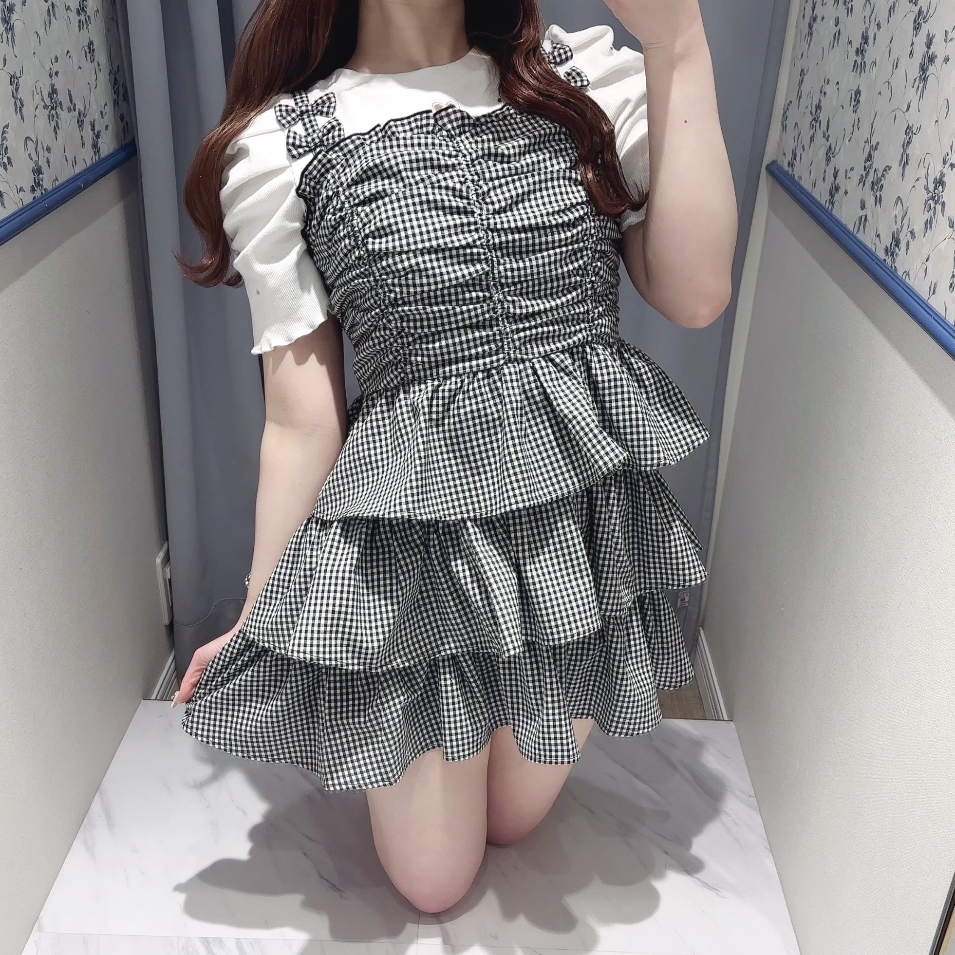evelyn リボンキャミギャザーOP チェック evelyn バストギャザーリボンキャミOP