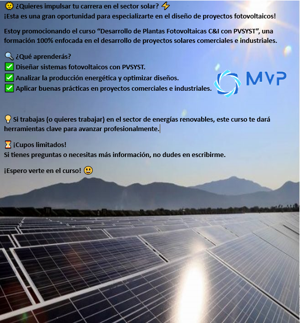 Jess89491151's tweet image. Si te interesa impulsar tu carrera en el sector fotovoltaico, aquí tienes todos los detalles:
linkedin.com/feed/update/ur…
¡Cupos limitados! ⏳ No dudes en escribirme si tienes preguntas. 
PV PLANTS &amp;amp; BESS SOLUTIONS
#EnergíaSolar #PVSYST #Ingeniería #Renovables #Capacitación #cursos