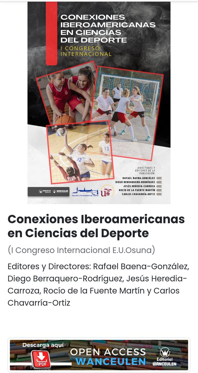 Publicado el libro del I Congreso Internacional Conexiones Iberoamericanas en Ciencias del Deporte <a href="/Wanceulen/">WANCEULEN EDITORIAL</a> <a href="/euosuna/">Escuela Universitaria de Osuna</a> <a href="/unisevilla/">Universidad de Sevilla</a> wanceulenopenaccess.com/shop/conexione…