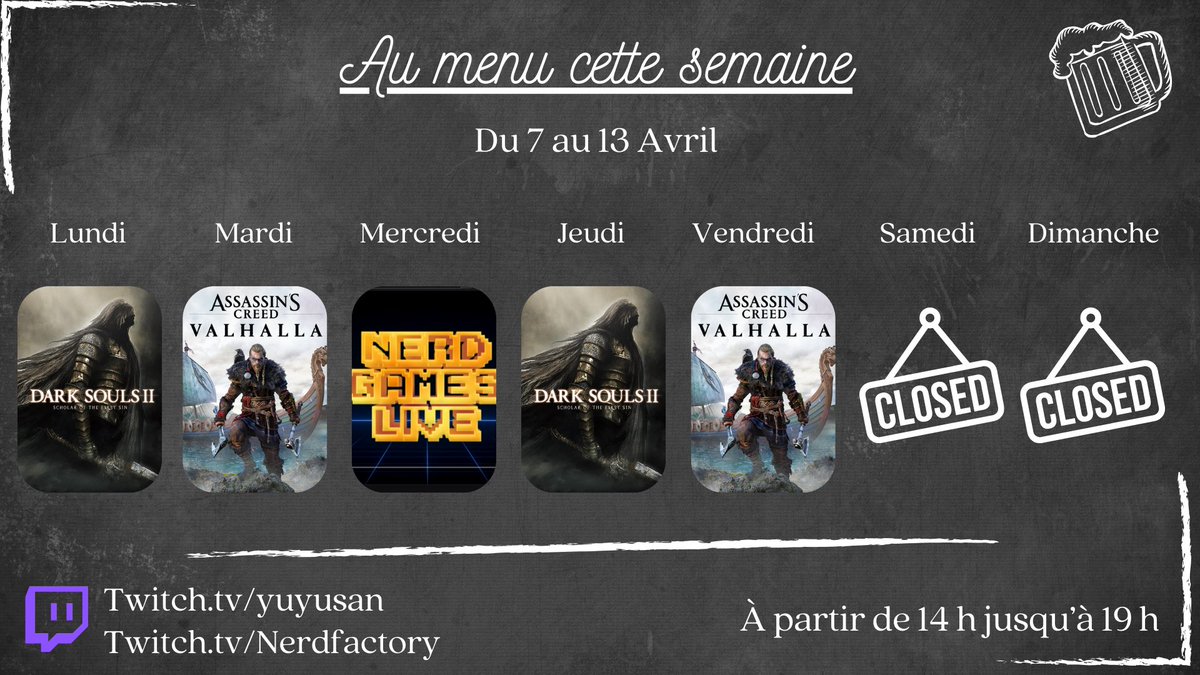 🍺Le menu est là #TwitchStreamers 
Lundi : #DarkSouls2, 33 Boss 624 morts 😱
Mardi : #AssassinsCreedValhalla 100% 
Mercredi : #NerdGameLive 
Jeudi : #DarkSouls2
 Vendredi : #AssassinsCreedValhalla 100%

Bonne semaine à tous ❤ 
➡️Twitch.tv/yuyusan