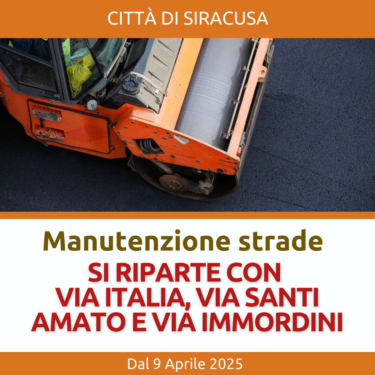 Ripartiamo con il rifacimento di #strade in tutta la città. Dal 9 Aprile si parte con: 
• Via Santi Amato
• ⁠Via Immordini
• ⁠Via Italia