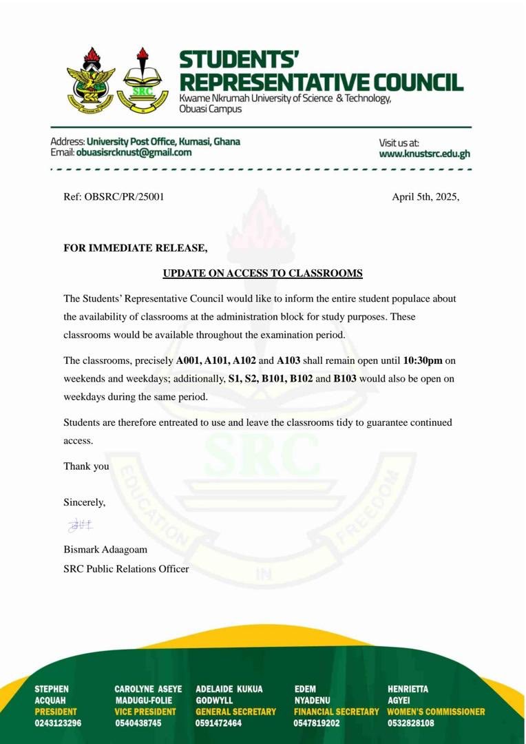 Beginning today, students shall have access to the classrooms at the administration block to adequately prepare for the end-of-semester examination. 

The communique attached details all you need to know.
