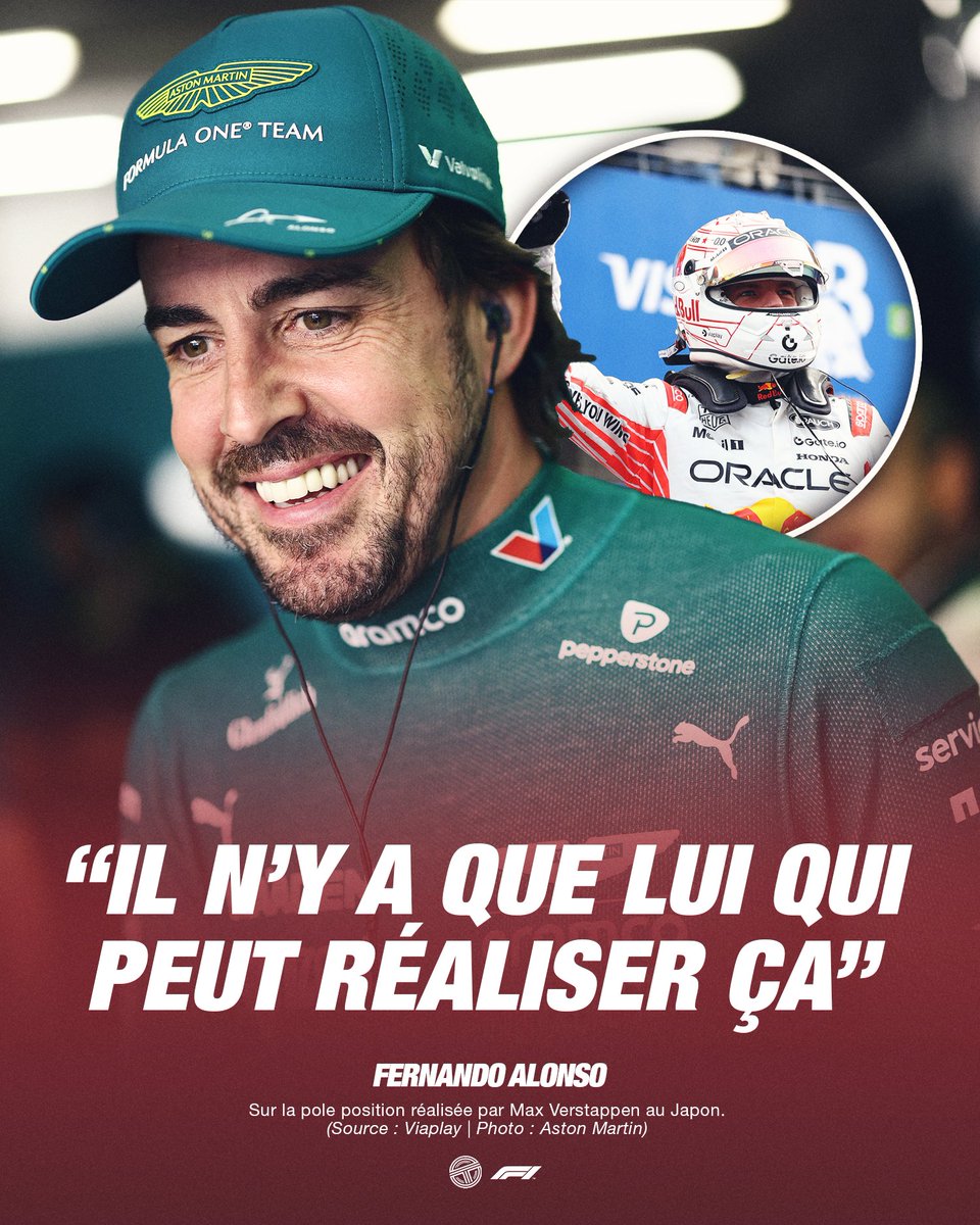 TearOffFR's tweet photo. 🔴 Fernando Alonso estime qu'il n'y a que Max Verstappen à l'heure actuelle sur la grille pour réaliser une prestation comme il l'a fait aujourd'hui ! 

💬 "Il n'y a que lui qui peut réaliser ça. Il n'y a pas d'autres pilotes à l'heure actuelle qui peut piloter une voiture et la placer plus haut que là où elle devrait être."

"C'est un moment magique pour tout le monde ici à Suzuka."

(🗞️ @viaplaysportnl / #F1 / #JapaneseGP)