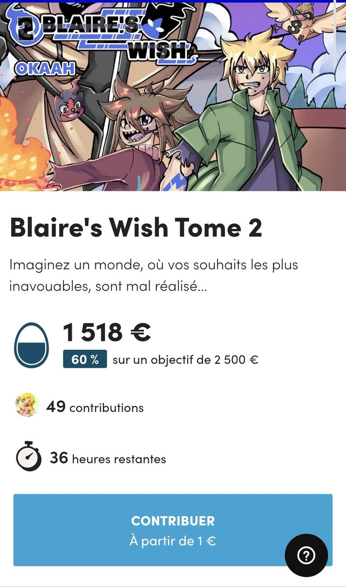 Je me réveille et je vois qu'il y a eu plusieur contributeur dans la matinée 

Il reste plus que 1000€ pour atteindre l'objectif c'est encore jouable

GOOOOOOOOO !!!!!!!!
#SauvezBlairesWish

fr.ulule.com/blaire-s-wish-…